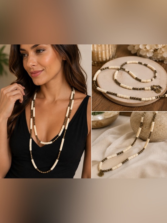 Chico's Jewelry - Cream & Bronze Beaded Long Necklace | Layered / Convertible Statement Jewelry